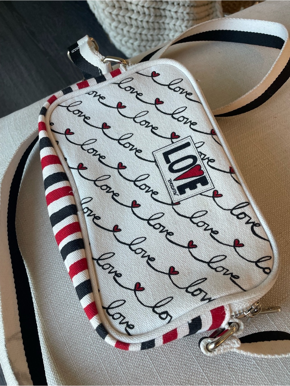 LOVE Script Print Crossbody Bag in White, Black & Red BRIGHTON